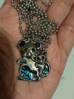 Silver Tone Mother & Baby Koala Bear Inlaid with Abalone Pendant Necklace